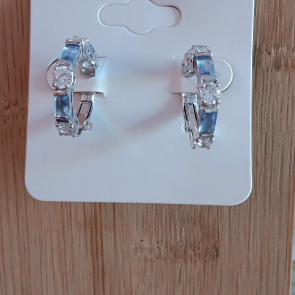 Silver Tone Rhinestone Lever Back Hoop Earrings - Picture 7 of 7